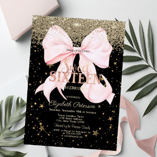 Invitación Dulces 16 Estrellas Diamantes Dorados Lazo Rosa Ne