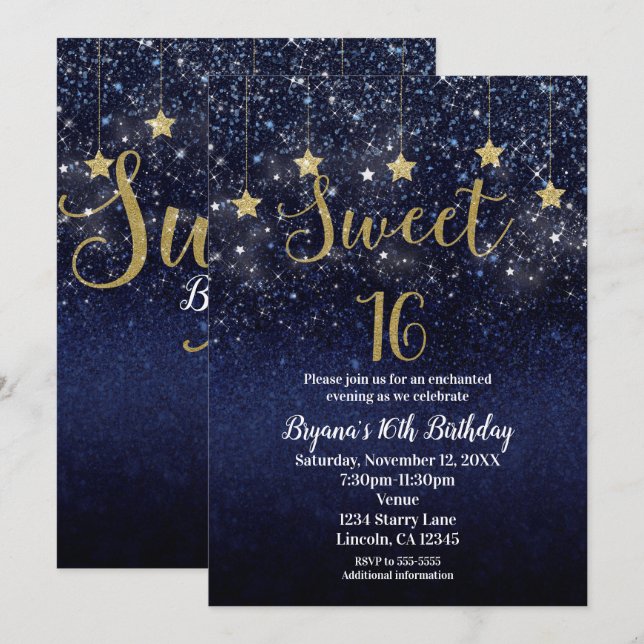 Invitación Dulces 16 Estrellas Noche Dorado Azul Brillo Fiest (Anverso / Reverso)