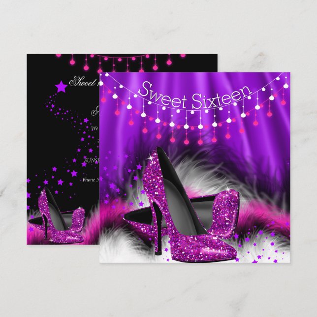 Invitación Dulces 16 Estrellas Rosadas Moradas Tacones Fiesta (Anverso / Reverso)
