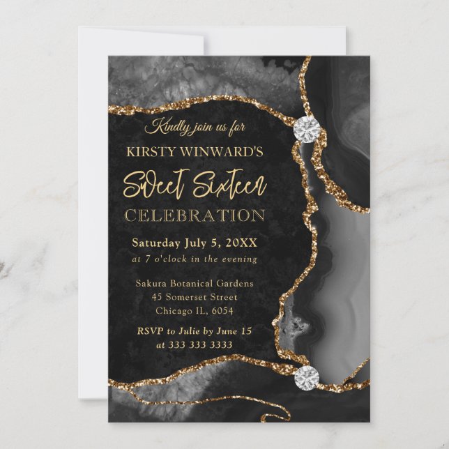 Invitación Dulces 16 Falso Brillo Agata Negro y Dorado (Anverso)