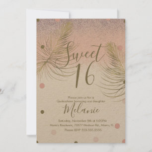 Invitación Dulces 16 Faux Purpurina Puntos Dorados Pluma Rosa