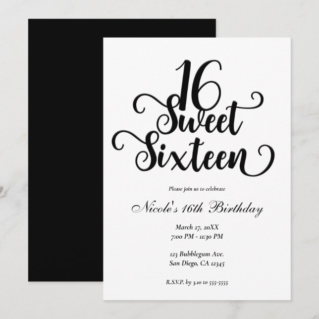 Invitación Dulces 16 Fiesta de Cumpleaños Blanco y Negro   (Anverso / Reverso)