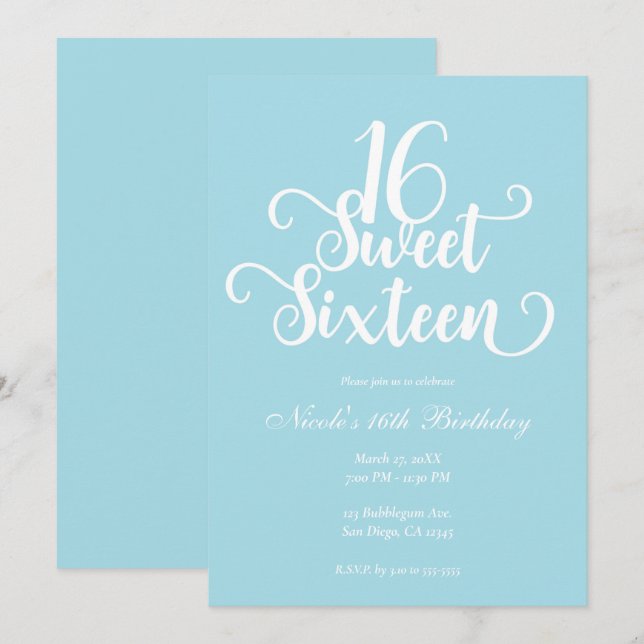 Invitación Dulces 16 Fiesta de Cumpleaños Chic Turquesa y Bla (Anverso / Reverso)