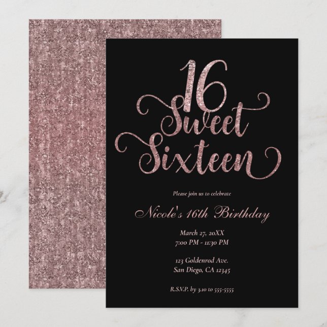 Invitación Dulces 16 Fiesta de Cumpleaños con Brillo Negro y  (Anverso / Reverso)