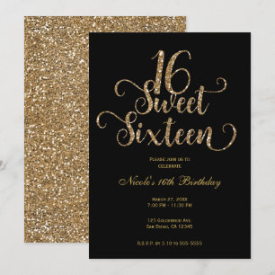 Invitación Dulces 16 Fiesta de Cumpleaños Negra y Dorada con