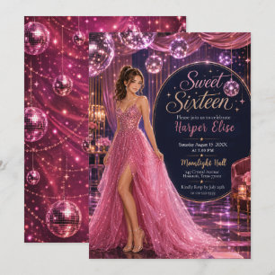 Invitación Dulces 16 Fiesta de Princesa Disco Rosa