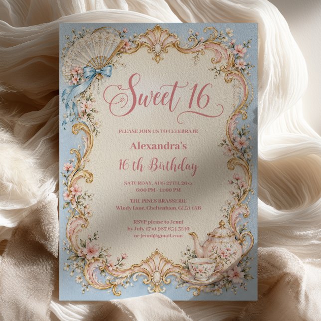 Invitación Dulces 16 Fiesta de Té Azul Rococó (Subido por el creador)