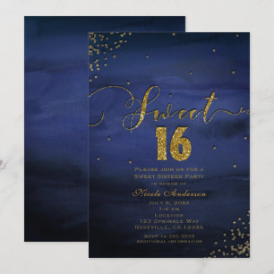 Invitación Dulces 16 Fiesta Glam Moderna Acuarela Azul y Dora