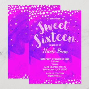 Invitación Dulces 16 Fiesta Morado y Rosa Femenina Moderna y