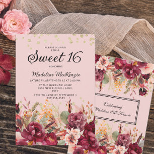Invitación Dulces 16 Flor de Borgoña Rosa Brillante Dorado