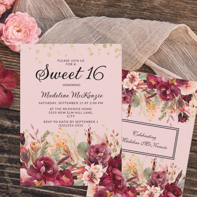 Invitación Dulces 16 Flor de Borgoña Rosa Brillante Dorado (Subido por el creador)
