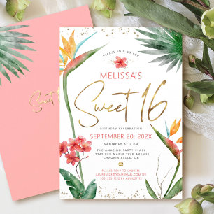 Invitación Dulces 16 Floral Tropical Acuarela Script Oro
