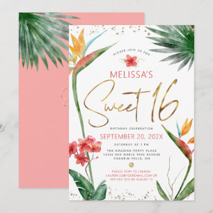 Invitación Dulces 16 Floral Tropical Acuarela Script Oro
