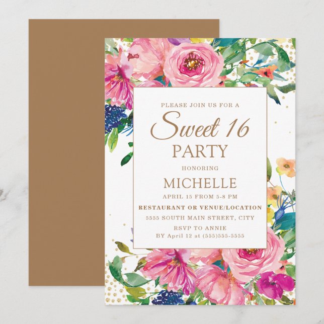 Invitación Dulces 16 Florales Amarillas Rosadas Con Brillo Do (Anverso / Reverso)