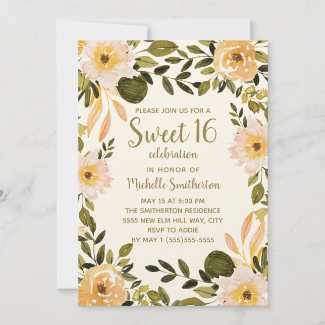 Invitación Dulces 16 Florales de Verde Amarillo Crema (Anverso)