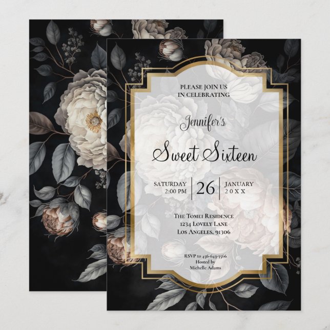Invitación Dulces 16 Florales Oscuros y Melancólicos (Anverso / Reverso)
