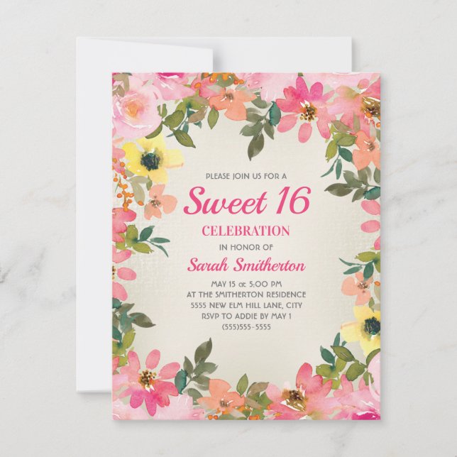 Invitación Dulces 16 Flores Acuarela Rosadas Amarillas (Anverso)