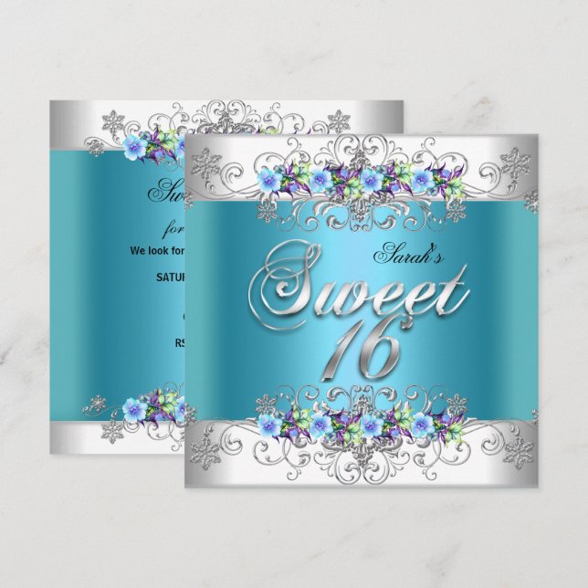 Invitación Dulces 16 Flores Blancas Azules y Moradas (Anverso / Reverso)
