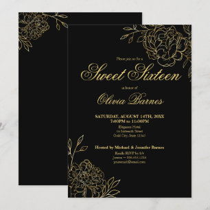 Invitación Dulces 16 Flores de Arte de Línea en Negro y Dorad
