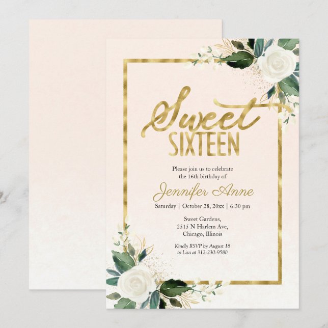 Invitación Dulces 16 Flores Delicadas Flores Blancas Rosadas (Anverso / Reverso)