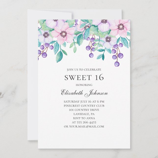Invitación Dulces 16. Flores moradas y rosas. 16.º cumpleaños (Anverso)