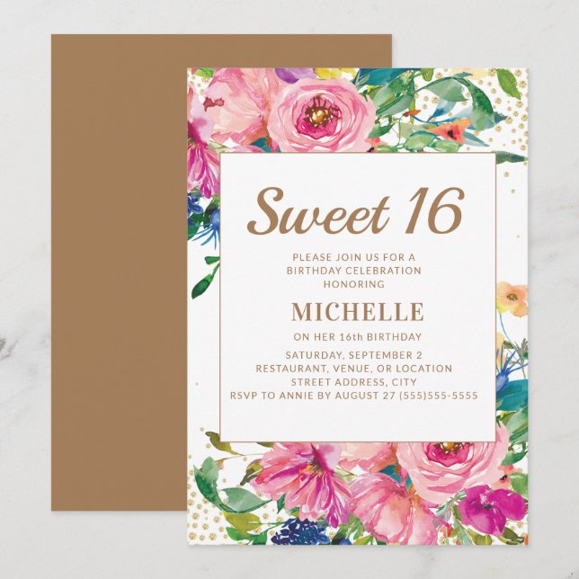 Invitación Dulces 16 Flores Rosadas Amarillas Con Brillo Dora (Anverso / Reverso)