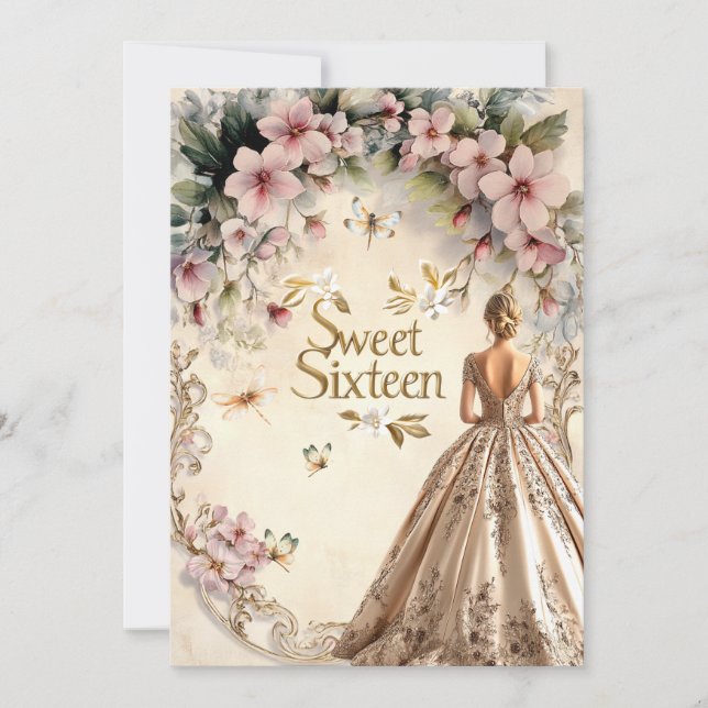 Invitación Dulces 16 flores rosadas con acentos dorados (Anverso)