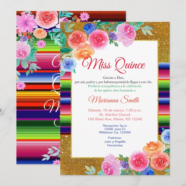 Invitación Dulces 16 Flores Rosadas Mexicana Señor (Anverso / Reverso)