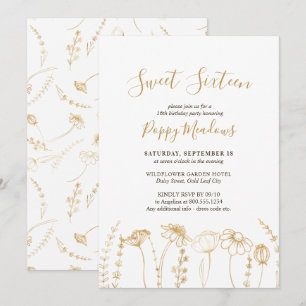 Invitación Dulces 16 Flores Silvestres Doradas Boceto Cumplea