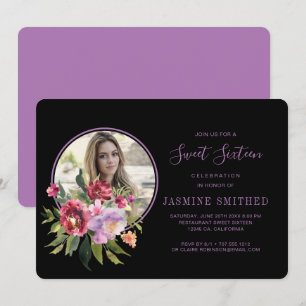Invitación Dulces 16 Foto Temática de Flores Negras Chic