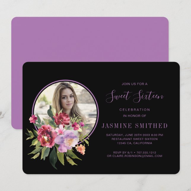 Invitación Dulces 16 Foto Temática de Flores Negras Chic (Anverso / Reverso)