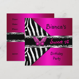 Invitación Dulces 16 Fucsia Rosa Plateado Negro Cebra Leopard