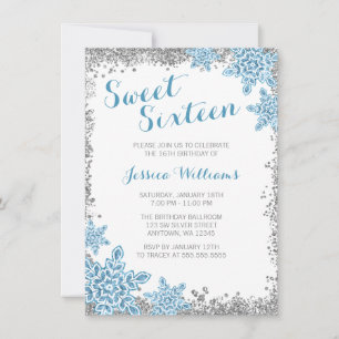 Invitación Dulces 16 Glam Winter Wonderland Plata Azul