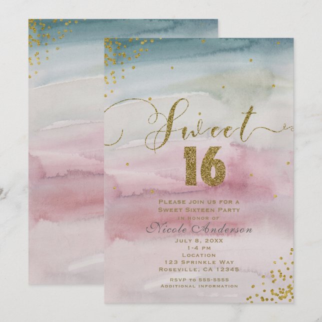 Invitación Dulces 16 Glamour Moderna Acuarela Confeti Dorado (Anverso / Reverso)