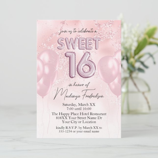Invitación Dulces 16 globos en mármol Purpurina rosado (Anverso de pie)