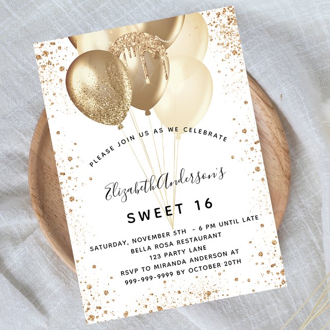 Invitación Dulces 16 globos purpurinas de oro blanco (Subido por el creador)