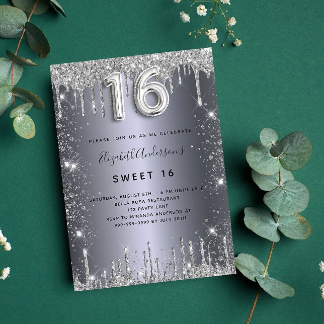 Invitación Dulces 16 goteos de purpurina plateado (Subido por el creador)