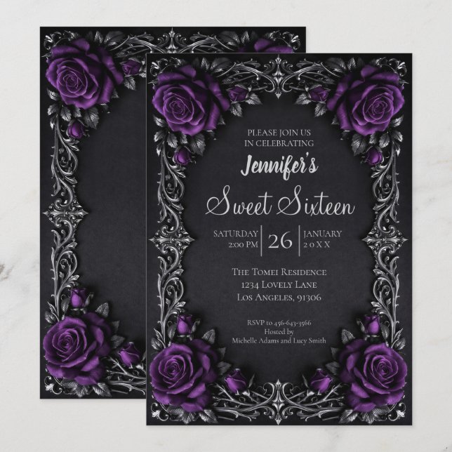Invitación Dulces 16 góticos con flores púrpuras (Anverso / Reverso)