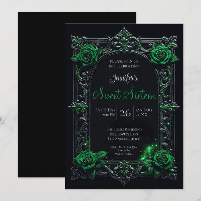 Invitación Dulces 16 góticos florales verdes (Anverso / Reverso)