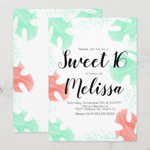 Invitación Dulces 16 Hojas de Monstera Coral Mint Acuarela