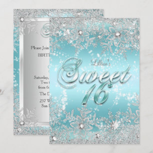 Invitación Dulces 16 Invierno Maravilla Azul Teal Copo de Nie