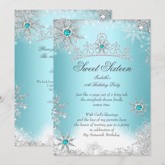 Invitación Dulces 16 Invierno Maravilla Plateado Azul (Anverso / Reverso)