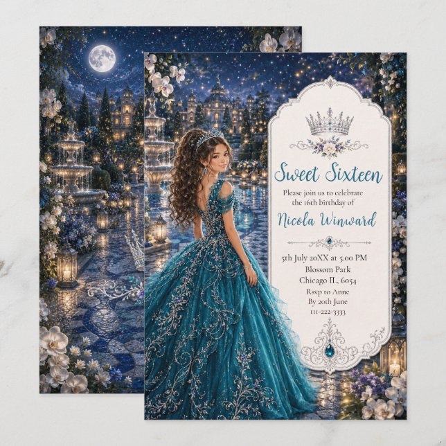 Invitación Dulces 16 Jardín de Princesa Azul Turquesa (Anverso / Reverso)