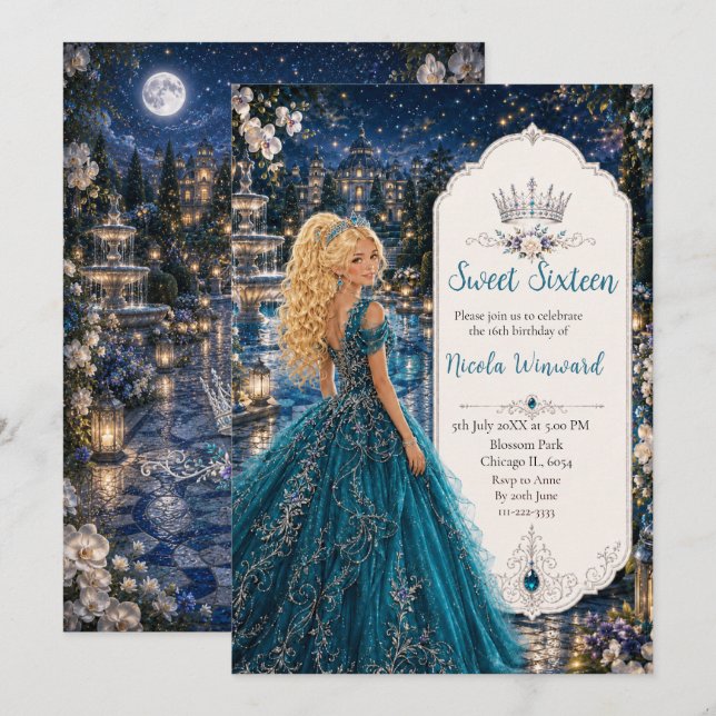 Invitación Dulces 16 Jardín de Princesa Azul Turquesa (Anverso / Reverso)