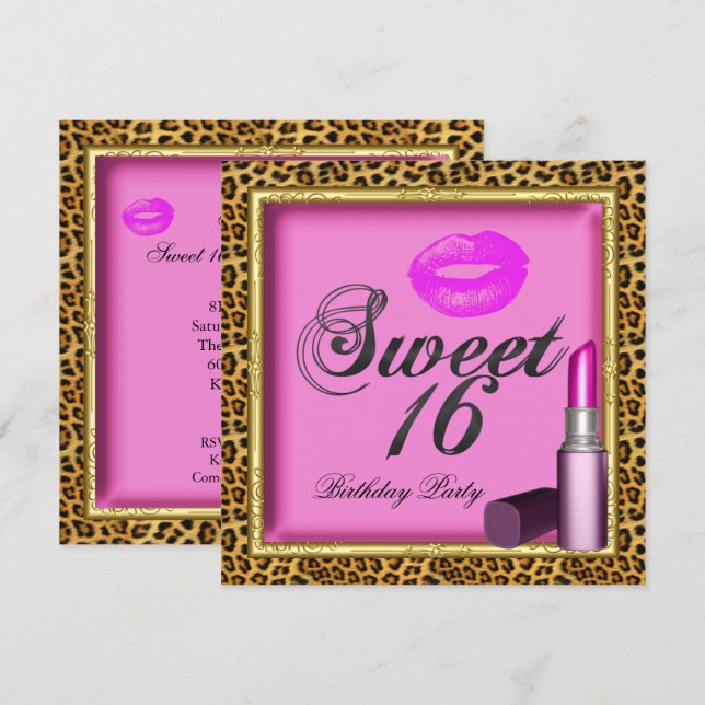 Invitación Dulces 16 Labios Rosados Pintalabios Leopardo Dora (Anverso / Reverso)