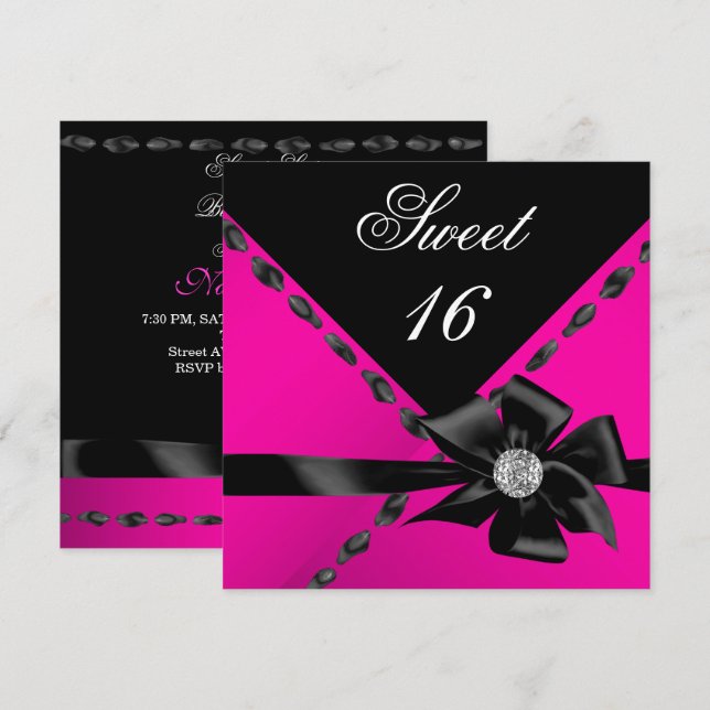 Invitación Dulces 16 Lazo Rosa Caliente Fiesta de Cumpleaños  (Anverso / Reverso)