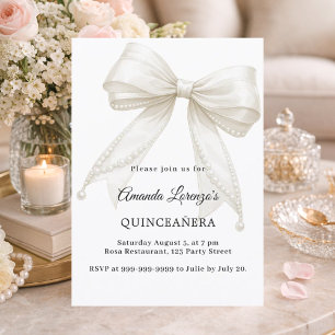 Invitación Dulces 16 lazos perlas blancas marfil elegantes