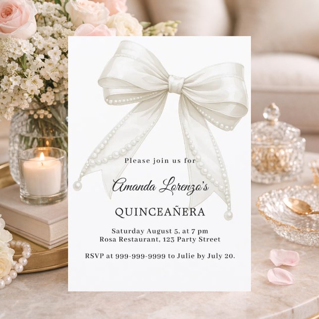 Invitación Dulces 16 lazos perlas blancas marfil elegantes (Subido por el creador)