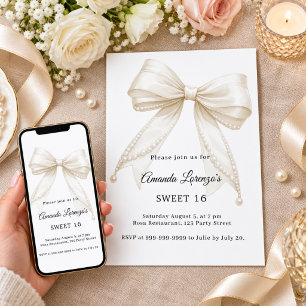 Invitación Dulces 16 lazos perlas blancas marfil elegantes