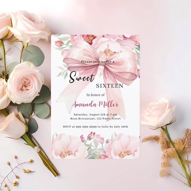 Invitación Dulces 16 lazos rosados flores acuarela (Subido por el creador)